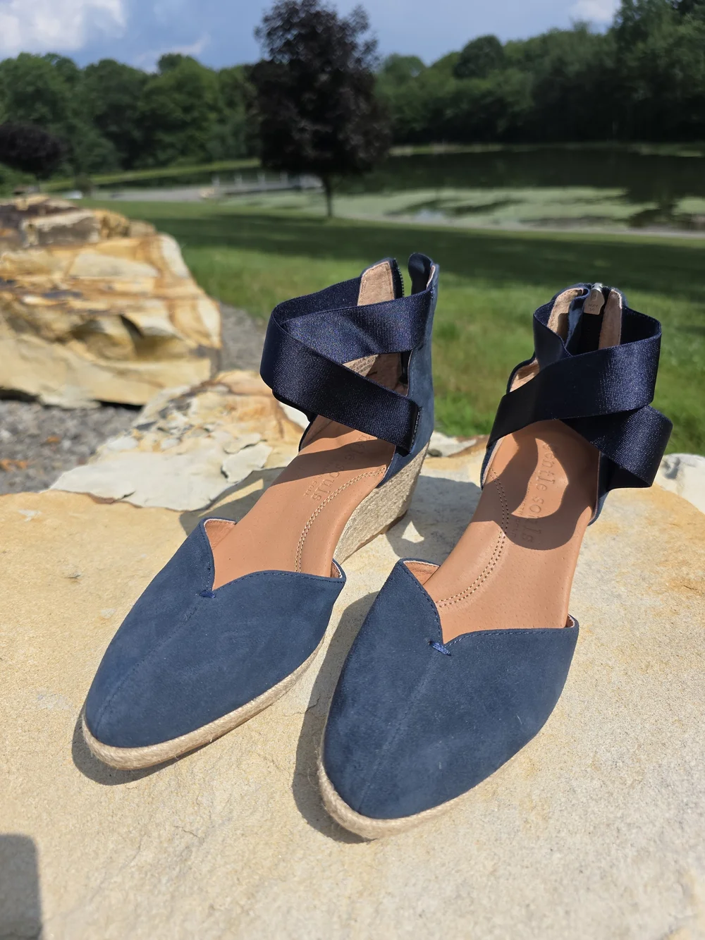 Kenneth Cole Navy Suede Espadrille Wedge with Ankle Wrap Size 7 Zip Back